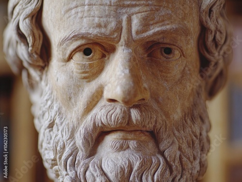 A detailed sculpture of Aristotle showcases realistic features and expressive eyes, highlighting ancient Greek artistry.