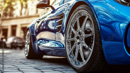 A close-up shot of the cars alloy wheels and side panels, copy space, photo