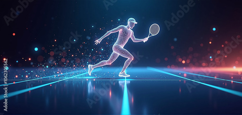 illustrative depiction of a tennis player made of bright graphic lines, dynamics and speed of the tennis game