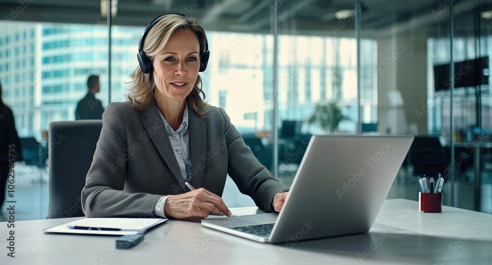 A focused middle-aged professional in a modern office setting engages in a virtual meeting during the daytime A focused middle-aged professional in a modern office setting engages in a virtual meeting during the daytime