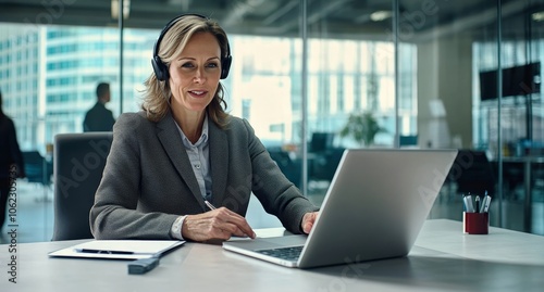 A focused middle-aged professional in a modern office setting engages in a virtual meeting during the daytime