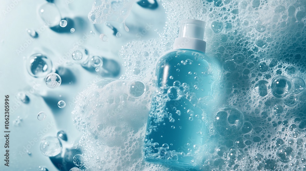 Refreshing blue liquid in spray bottle surrounded by bubbles Refreshing blue liquid in spray bottle surrounded by bubbles