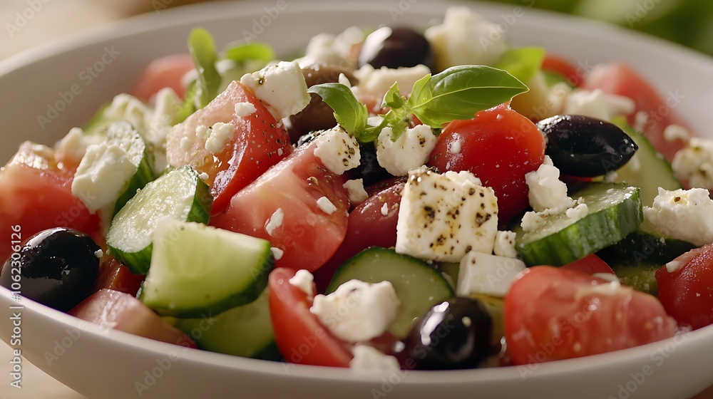 A fresh Greek salad with cucumbers, olives, feta cheese, and Greek dressing A fresh Greek salad with cucumbers, olives, feta cheese, and Greek dressing