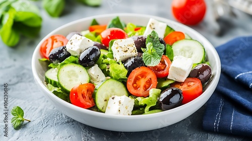 A fresh Greek salad with cucumbers, olives, feta cheese, and Greek dressing