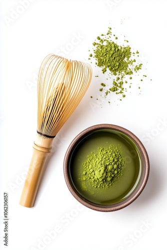 Traditional matcha ceremony essentials: whisk, powder, and tea bowl