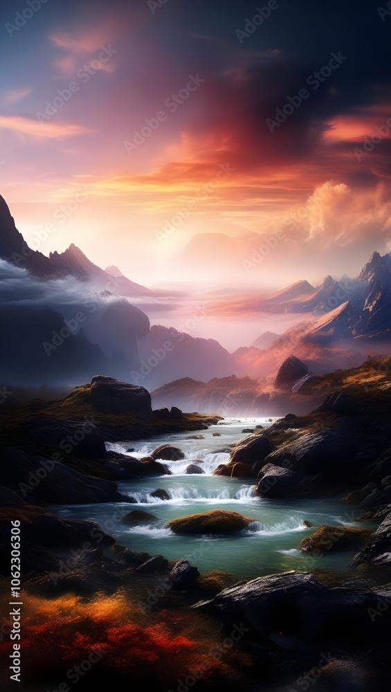 Fototapeta premium Breathtaking sunset over misty mountains and a flowing river in a tranquil valley. Generative AI