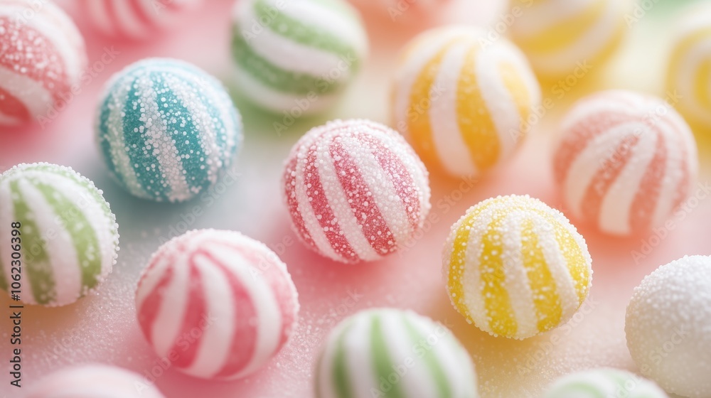 Colorful sugared candy balls creating a pastel striped confectionery delight Colorful sugared candy balls creating a pastel striped confectionery delight