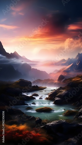 Breathtaking sunset over misty mountains and a flowing river in a tranquil valley. Generative AI