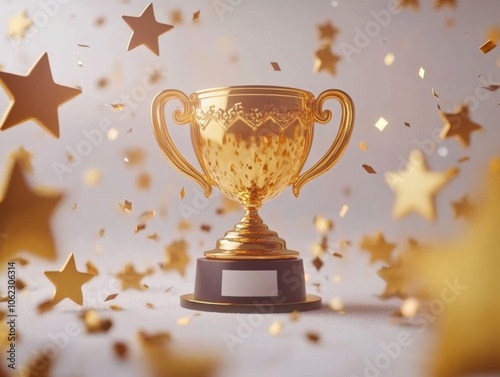 A 3D golden trophy cup surrounded by stars and confetti, creating a celebratory and victorious atmosphere.