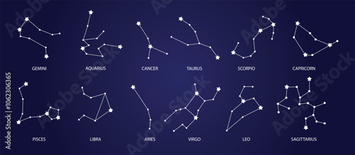 Set of zodiac constellations. Hand drawn twelve horoscope signs. Astrology symbols. Star constellation and star maps, night sky.Vector illustration. photo