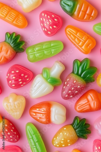Wallpaper Mural Colorful assortment of fruit and vegetable shaped gummy candies on pink background Torontodigital.ca
