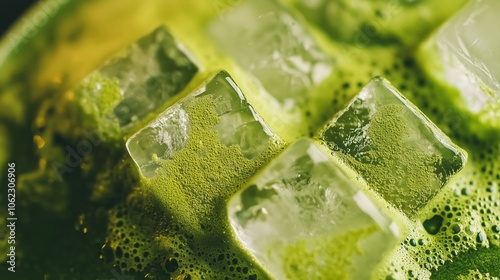 Refreshing iced matcha drink with green froth and ice cubes