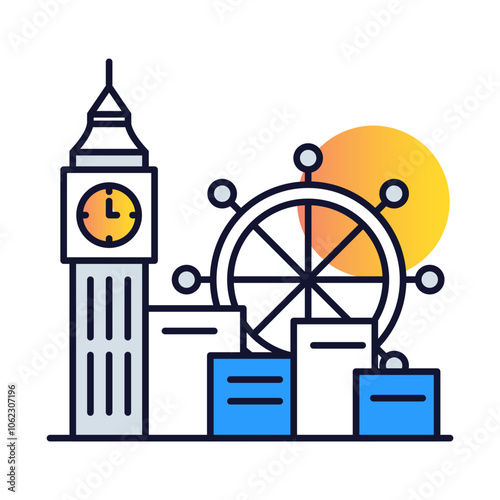 Landmark with Ferris Wheel. Icons Included: Tourism, Sightseeing, City Attractions