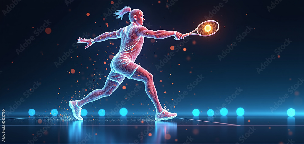 illustrative depiction of a tennis player made of bright graphic lines, dynamics and speed of the tennis game illustrative depiction of a tennis player made of bright graphic lines, dynamics and speed of the tennis game
