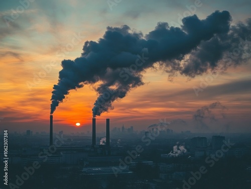 A city skyline at sunset, dominated by factories emitting thick smoke, illustrating severe air pollution and the impact of global warming.