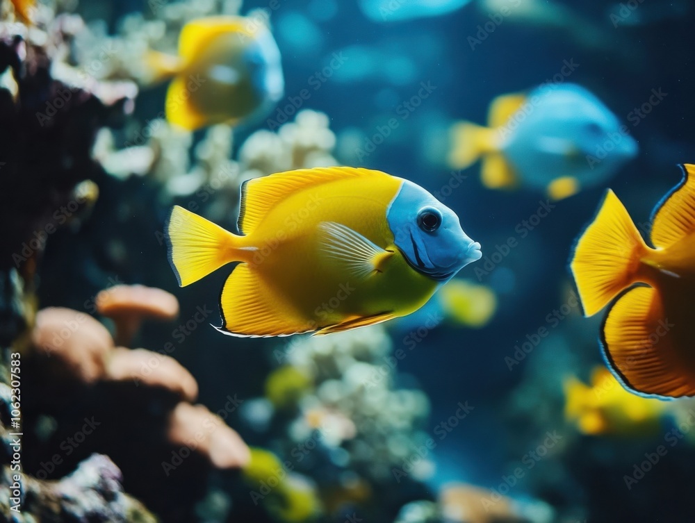 Naklejka premium A vibrant underwater scene showcasing colorful tropical fish swimming around a lush coral reef. The water is clear, highlighting the vivid marine life.