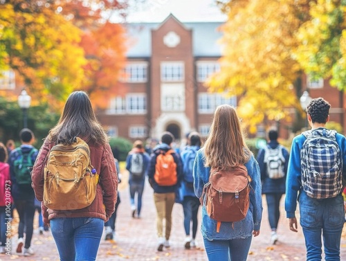 A crowd of students with backpacks walk through a college campus during autumn, surrounded by vibrant fall foliage and historic architecture.