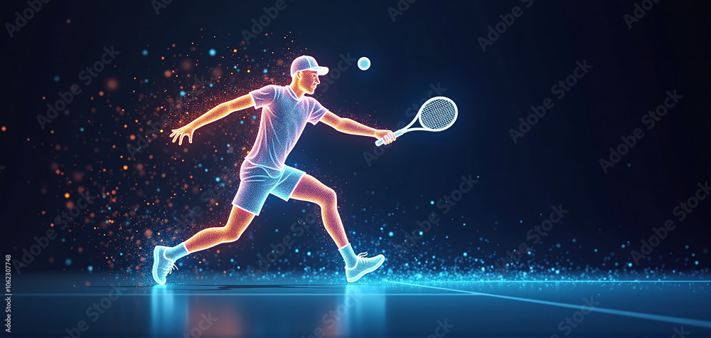 Naklejka premium illustrative depiction of a tennis player made of bright graphic lines, dynamics and speed of the tennis game