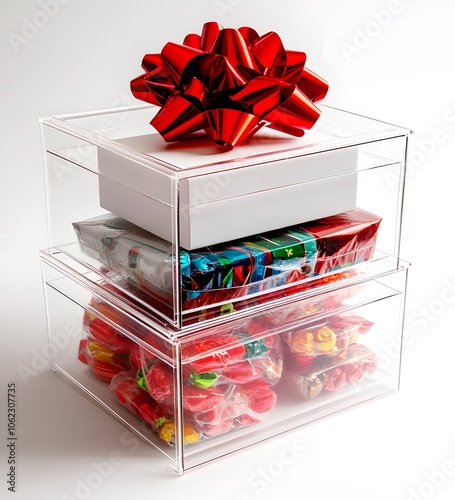 Holiday Gift Boxes with Vibrant Accents: Elegant gift boxes stacked with colorful ribbons and clear containers, perfect for festive and holiday-themed packaging or gift inspiration.