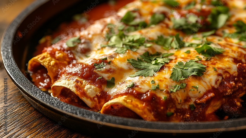 A hearty beef and cheese enchilada topped with red sauce and a sprinkle of cilantro A hearty beef and cheese enchilada topped with red sauce and a sprinkle of cilantro