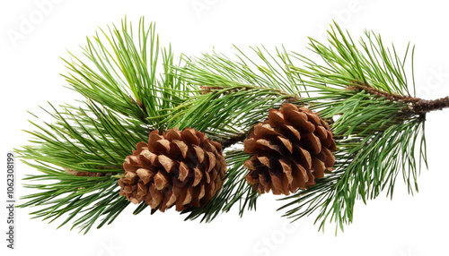 Pine Branch with Cones on White Background