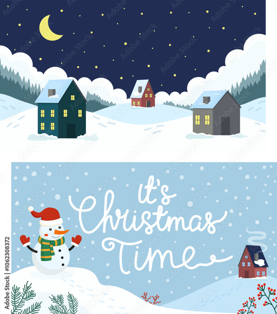 Naklejka premium A cheerful snowman celebrates Christmas in a snowy landscape with a cozy cabin next door