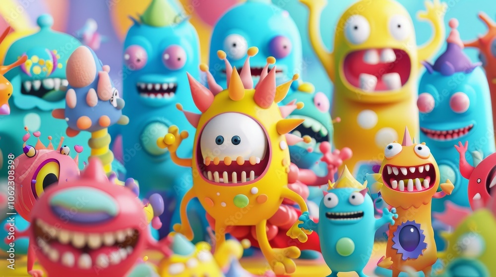 An exciting array of uniquely designed, vividly colored monsters in a vibrant setting, creating a lively and playful atmosphere full of energy and imagination. An exciting array of uniquely designed, vividly colored monsters in a vibrant setting, creating a lively and playful atmosphere full of energy and imagination.