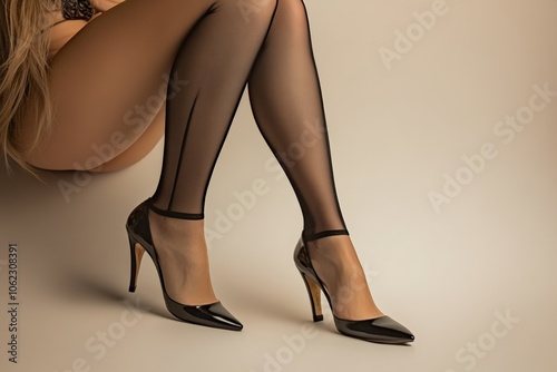 Elegant legs in black high heels and sheer stockings, feminine grace and allure concept photo