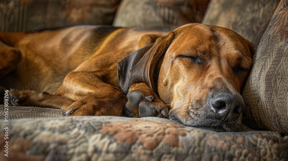 A peacefully sleeping brown dog sprawled comfortably on a patterned couch, enveloped in cozy warmth, capturing the essence of relaxation and contentment. A peacefully sleeping brown dog sprawled comfortably on a patterned couch, enveloped in cozy warmth, capturing the essence of relaxation and contentment.