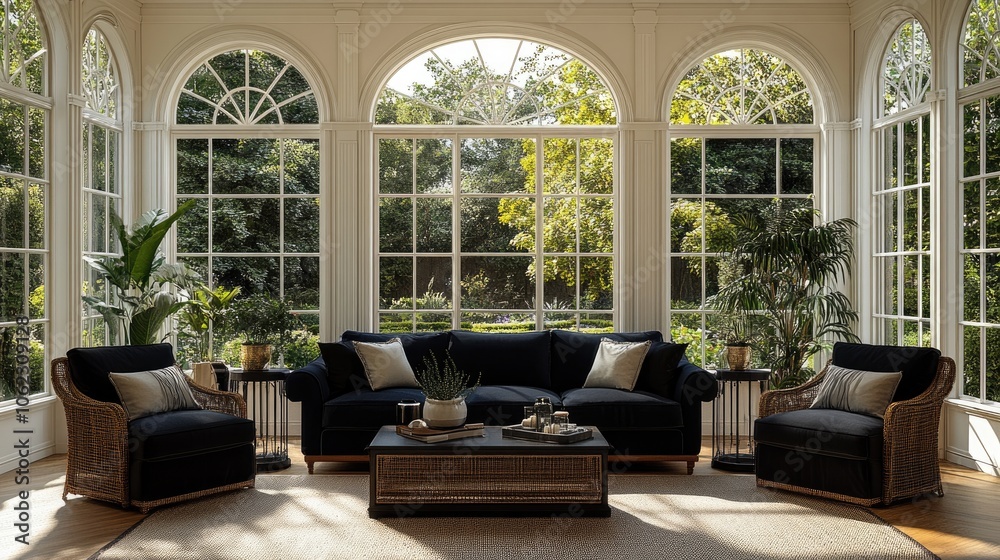 A sun-drenched living room with large arched windows, a plush sofa, and two comfortable armchairs. A sun-drenched living room with large arched windows, a plush sofa, and two comfortable armchairs.