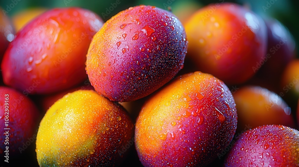 Vibrant and juicy mangoes with water droplets in a close-up view