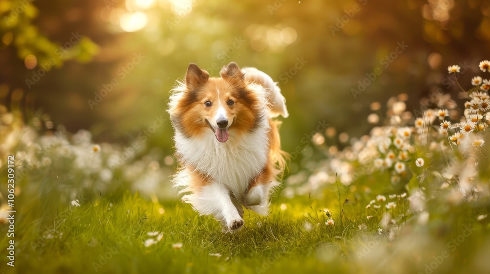 An enthusiastic dog leaps joyfully through a field filled with blooming daisies, its vibrant spirit capturing the essence of happiness and playful freedom. An enthusiastic dog leaps joyfully through a field filled with blooming daisies, its vibrant spirit capturing the essence of happiness and playful freedom.