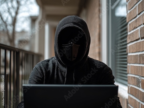 A mysterious figure in a dark hoodie works on a laptop outdoors, suggesting a secretive or hacker-like activity in a suburban setting.