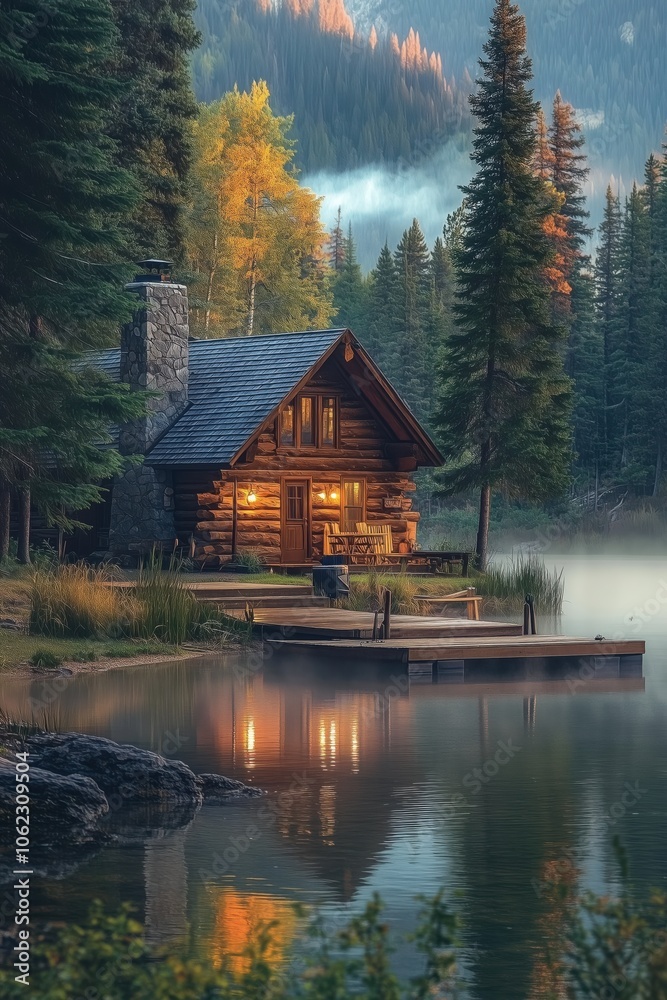 Cozy log cabin reflecting on a misty lake at sunrise in the mountains Cozy log cabin reflecting on a misty lake at sunrise in the mountains