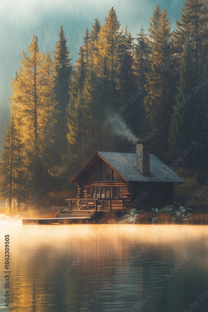 Cozy wooden cabin reflecting on a misty lake at sunrise in the italian dolomites Cozy wooden cabin reflecting on a misty lake at sunrise in the italian dolomites