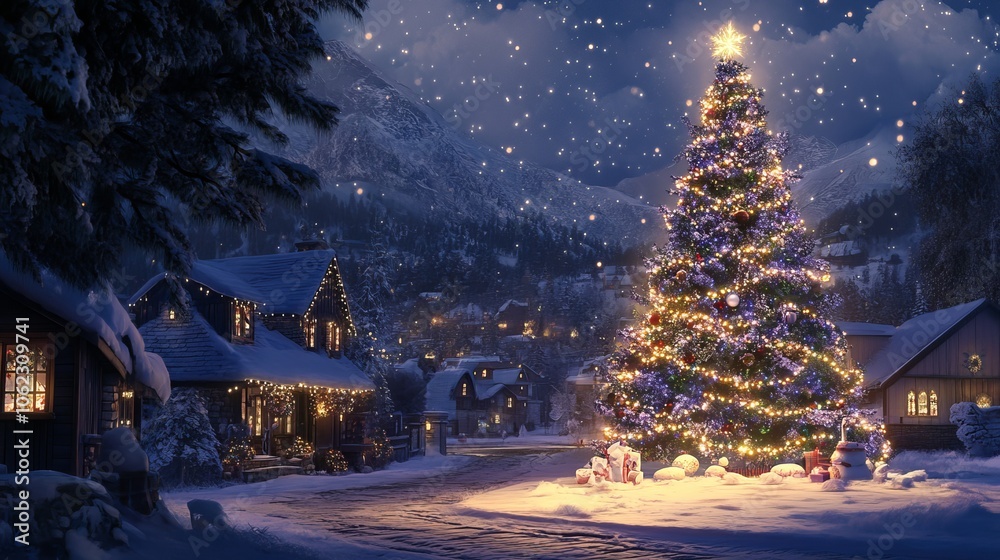 A beautifully adorned Christmas tree sparkles with twinkling lights. A beautifully adorned Christmas tree sparkles with twinkling lights.