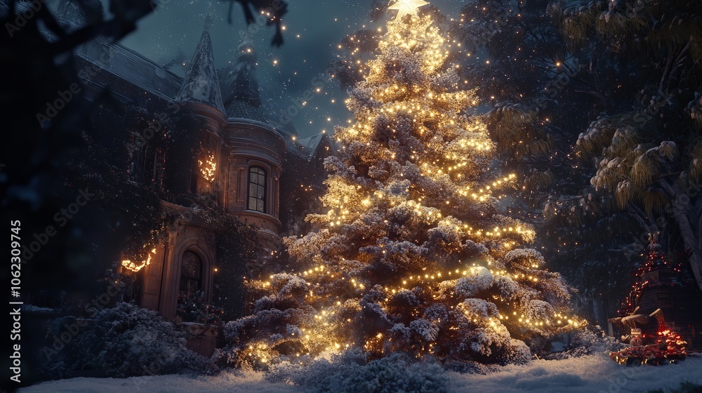 A beautifully adorned Christmas tree sparkles with twinkling lights. A beautifully adorned Christmas tree sparkles with twinkling lights.