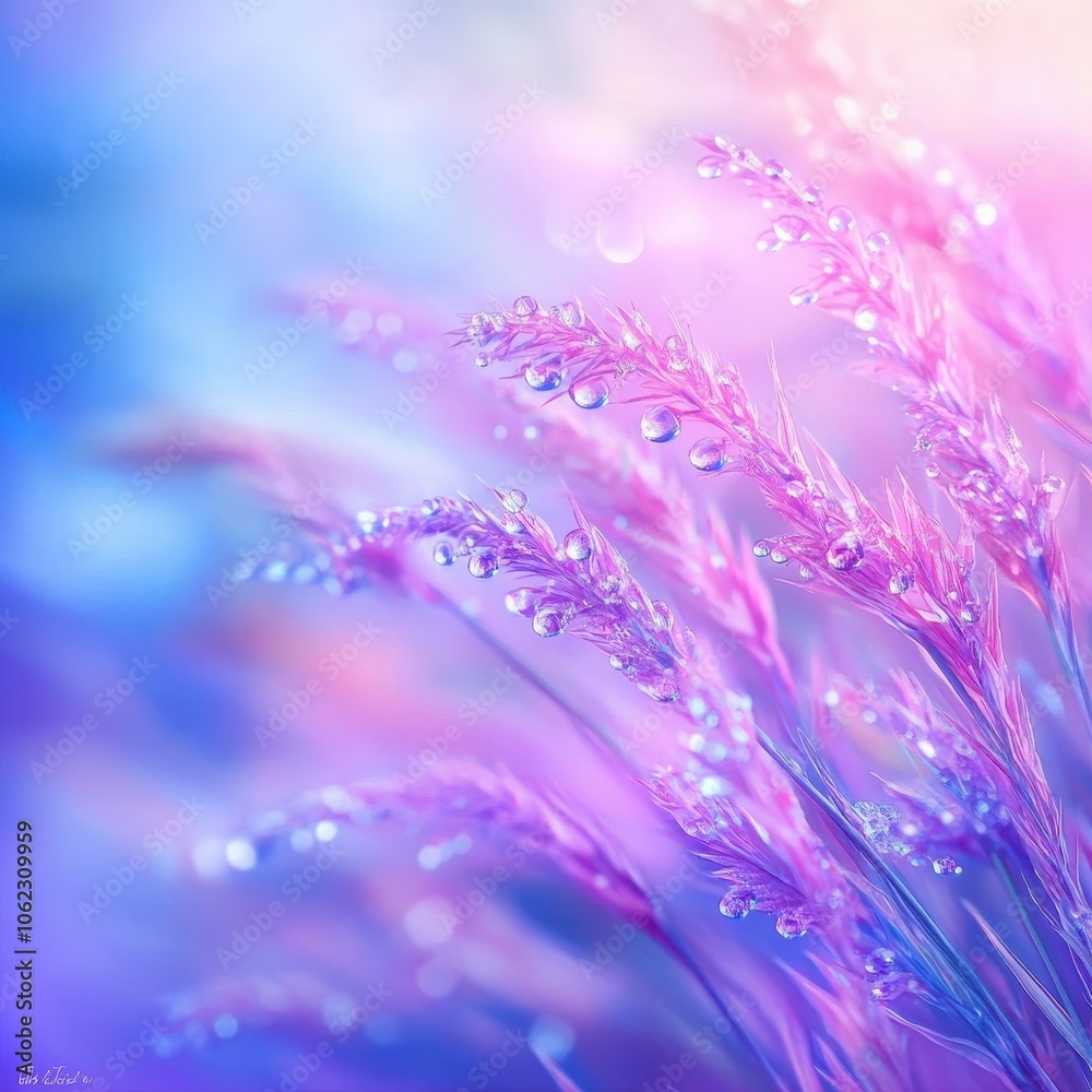Obraz premium A dreamy, colorful depiction of grass with dew drops, showcasing a soft blend of purple and blue hues in a tranquil and ethereal atmosphere.