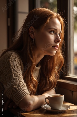 Contemplative Young Woman with Red Hair Enjoying Coffee by the Window in a Cozy Cafe