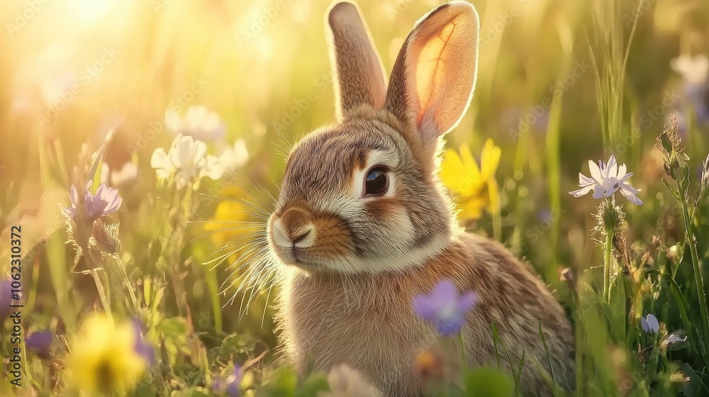Obraz premium A serene rabbit nestled among vibrant wildflowers in a sunlit meadow, embodying the beauty of nature and tranquility.