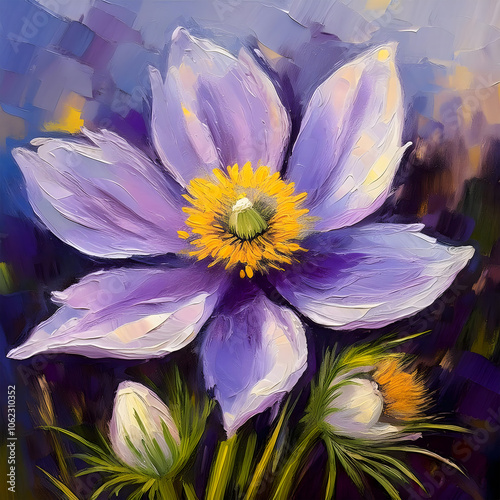 texture, perennial flowering pasque flower, oil painting, bokeh, in the colors purple and yellow, version 5