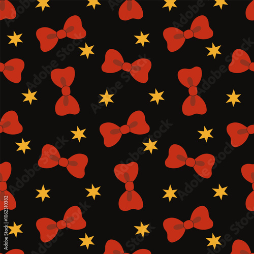 Red bows and yellow stars repeating pattern on a black background for festive designs