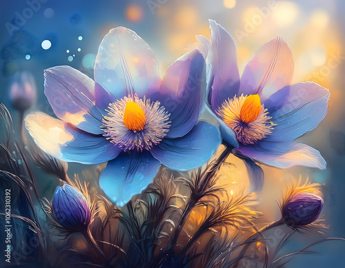 texture, perennial flowering pasque flower, oil painting, bokeh, in the colors purple, blue and yellow, version 4