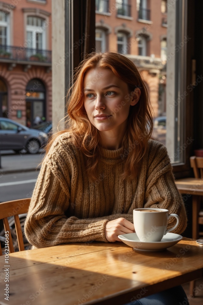 Young Woman Enjoying Coffee in Cozy Cafe with Urban Exterior Young Woman Enjoying Coffee in Cozy Cafe with Urban Exterior