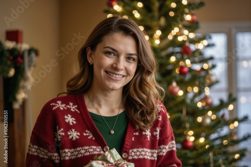 Cheerful Woman in Festive Sweater Holding Christmas Gift in Front of Decorated Tree