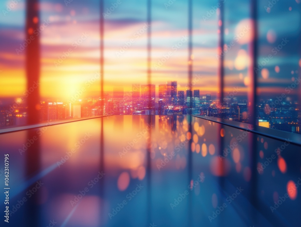 A vibrant abstract image of a city skyline at sunset, viewed through large glass windows, with blurred bokeh lights creating a dreamy atmosphere. A vibrant abstract image of a city skyline at sunset, viewed through large glass windows, with blurred bokeh lights creating a dreamy atmosphere.