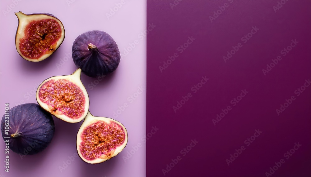 Vibrant Symmetry of Fresh Fig Halves on Dual Toned Dark Deep Purple Background, Perfect for Food Photography, Health and Wellness Branding, Culinary Art Concepts, and Minimalist Design Projects Vibrant Symmetry of Fresh Fig Halves on Dual Toned Dark Deep Purple Background, Perfect for Food Photography, Health and Wellness Branding, Culinary Art Concepts, and Minimalist Design Projects