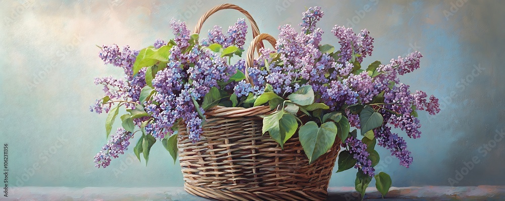 Pastel basket filled with lilac branches, symbolizing good wishes for the day. Pastel basket filled with lilac branches, symbolizing good wishes for the day.