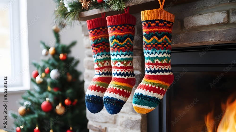 Naklejka premium Christmas colorful sock patterns hanging by the fireplace
