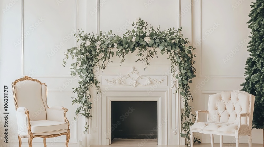 A chic room adorned with an elegant eucalyptus garland hanging above the fireplace. A chic room adorned with an elegant eucalyptus garland hanging above the fireplace.